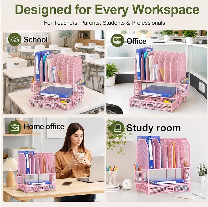 FANXIYQ Metal Desk Organizer with Sliding Drawer, 7-Section File Organizer for Desk, Desktop File Folder & Paper Organizer with 2 Hanging Pen Holders, Office Supplies Organizer, Pink - Image 4