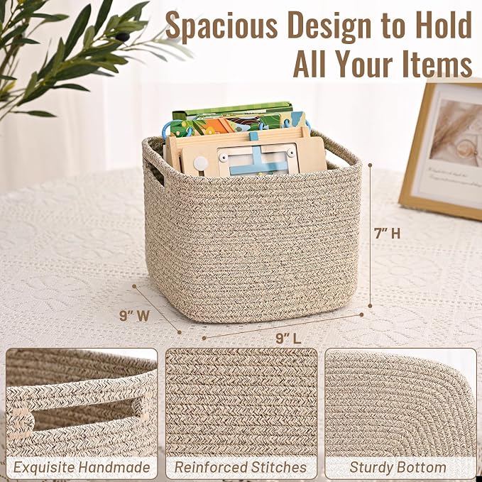 3 Pack Cube Storage Bin, 9”x9”x7” Cotton Rope Woven Baskets for Organizing Toys Clothes Towels, Square Gift Storage Baskets for Shelves, Nursery, Closet, Bathroom, Pantry (Jute) - Image 4