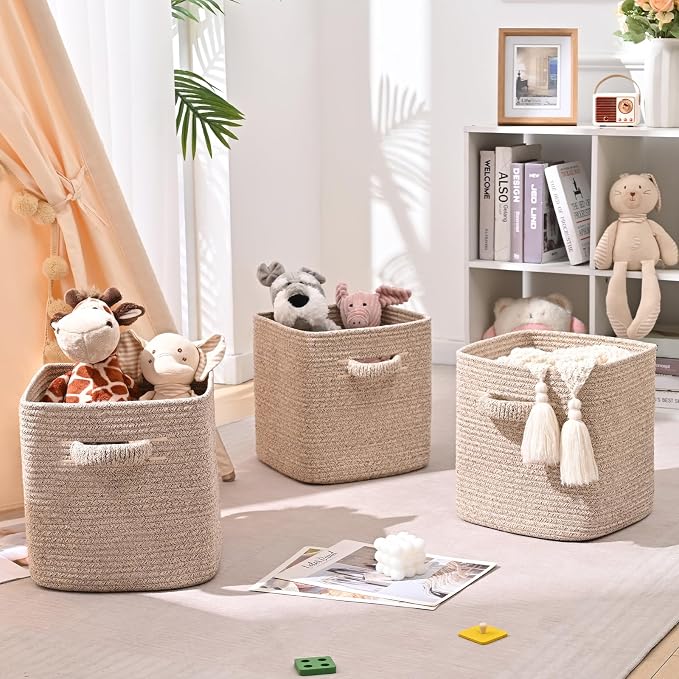 11 Inch Storage Cubes, 3 Pack Cube Storage Bins for Organizing, Cotton Rope Woven Baskets for Shelves, Bathroom, Kids Room, Closets, Baby Nursery - Image 3
