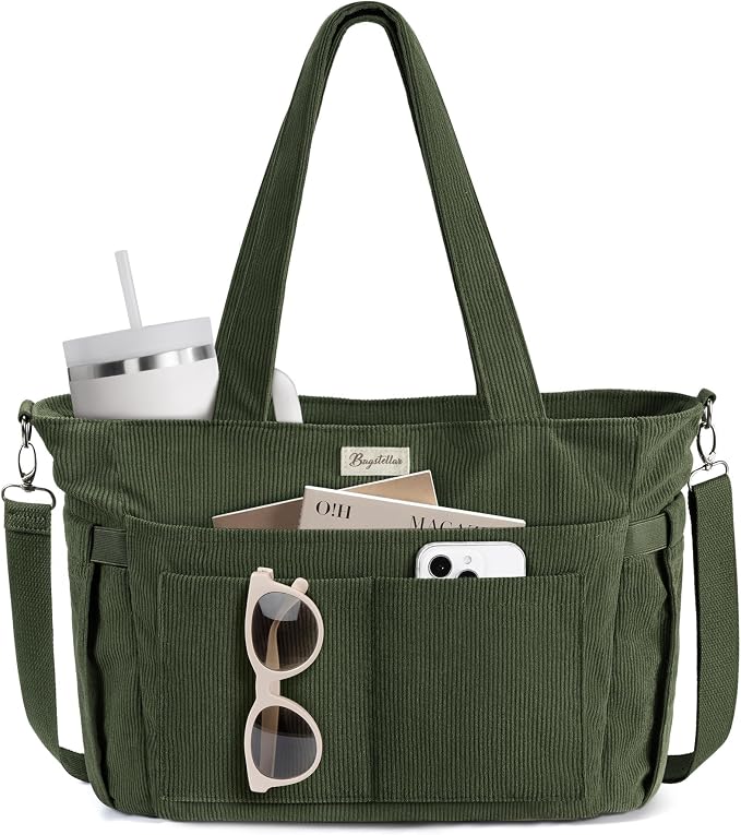 Bagstellar Corduroy Tote Bag for Women, 17 Pockets Laptop Work Tote Purse | Large 15.6” Computer Bag w/ 40oz Cup Holder & Strap, Zipper Teacher Nurse Bible Shoulder Bag for School Travel College Office by Bagstellar