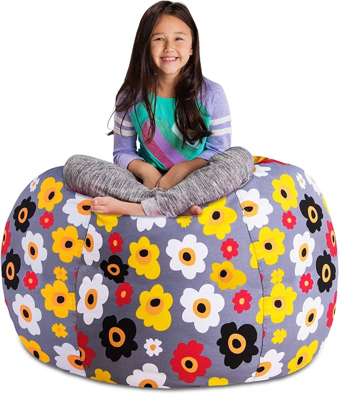 Posh Stuffable Kids Stuffed Animal Storage Bean Bag Chair Cover - Childrens Toy Organizer, X-Large 48" - Canvas Multicolored Flowers on Gray by PoshCreations