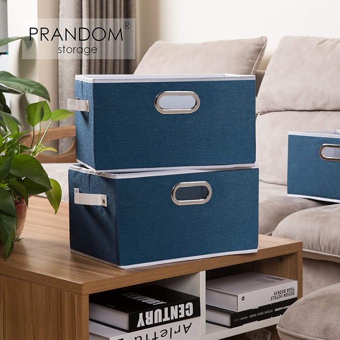 Large Collapsible Storage Baskets for Closet [5-pack] Decorative Fabric Storage Bins Cubes with Leather/Metal Handles for Shelves Bedroom Living Room Royal Blue (14.9x9.8x8.3 Inch) - Image 2