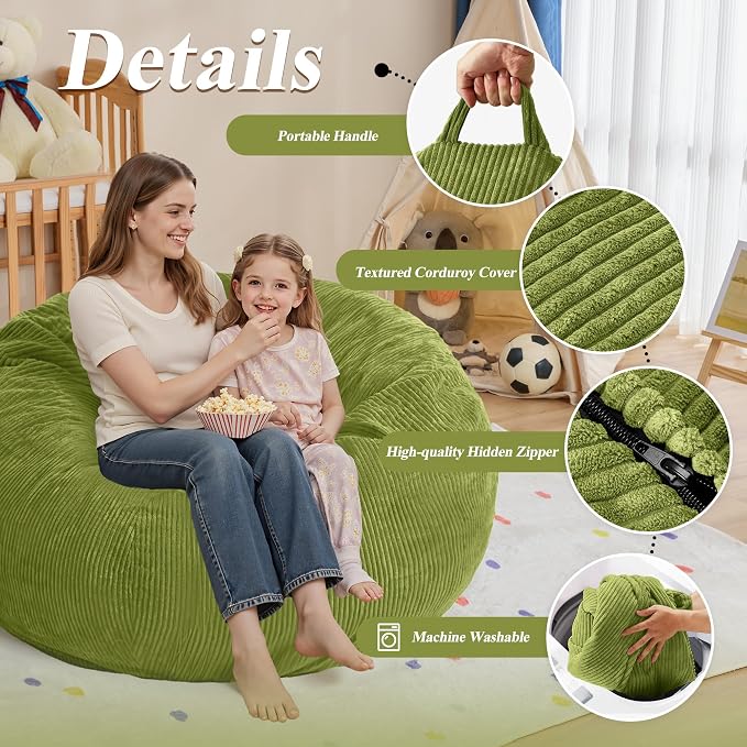 5FT Bean Bag Chair for Adults,Gaint Teardrop Beanbag with Filler | Beanbag Chair with Memory Foam Filled,Bean Bags with Handy Handle&Machine Washable Cover for Living Room,Bedroom-Green - Image 5