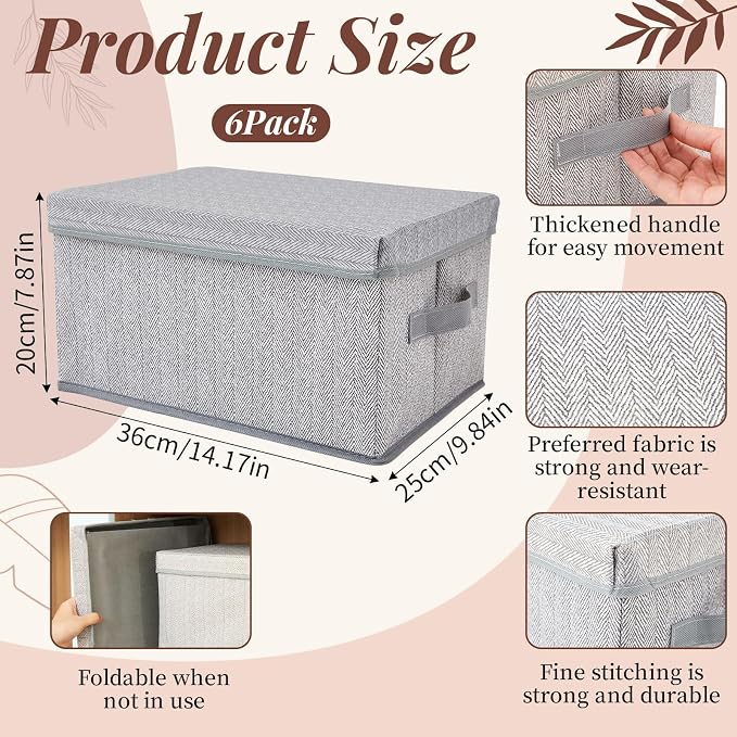 LemonRoad 6 Pack Large Storage Keepsake Box 14'' x 10'' x 8'' Collapsible Storage Cubes Bins with Removable Lids, Foldable Fabric Closet Organizers with Handles for Home Memories Souvenirs - Image 2