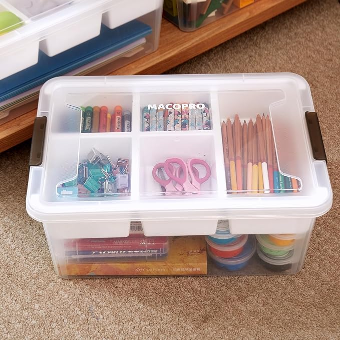 MACOPRO 17QT Clear Plastic Box Craft Storage Bin with Removable Tray & Lid | 1-pack container, art supply organizer for playdoh, sewing, beads & craft tools, space-saving stackable bins organization - Image 2