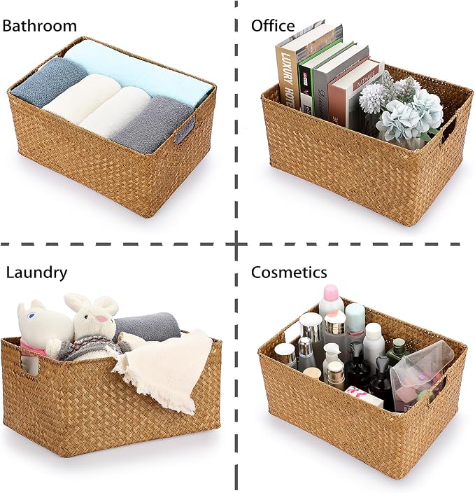 Hipiwe Seagrass Storage Baskets Bin for Shelf Large Handwoven Wicker Basket | Rectangular Bedroom Bathroom Organizer Built-in Handles, Multipurpose Woven Basket Bin Boxes,14.6"x 10.6"x 7.1" - Image 6