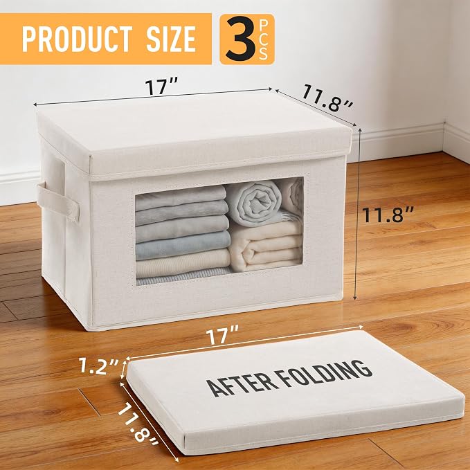 3-Pack Large Storage Bins with Lids & Clear Window, Foldable Fabric Closet Organizer Boxes, Stackable Cube Baskets with Soft Handles for Clothes & Blankets, 17”, Beige - Image 3