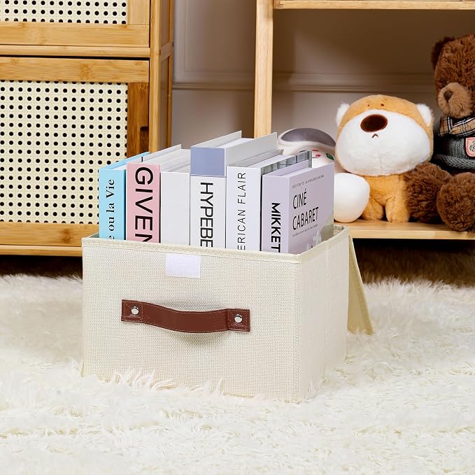 ANMINY Fabric Storage Box Bins with Lids, Beige, 10"x8"x7" | Keepsake Memory Storage, Cotton Linen, PP Board Reinforced, Washable, PU Handles, Foldable & Stackable, Decorative, Small - Image 8