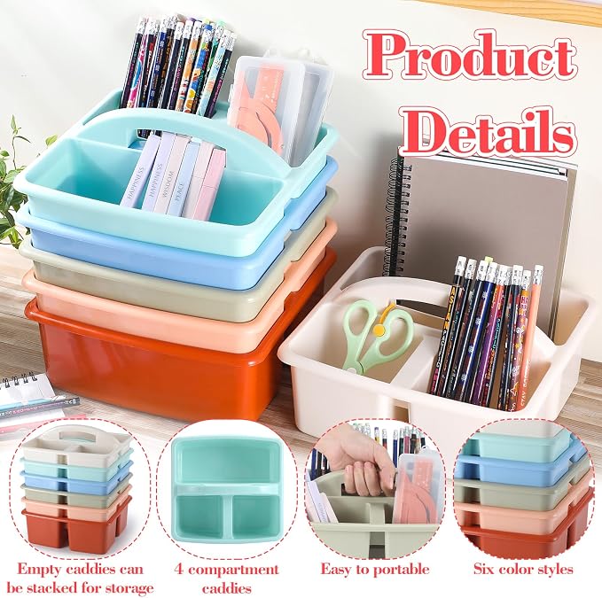 Lineshading 6 Pack 3 Compartment Classroom Caddy with Handle Boho Multipurpose Portable Plastic Classroom Storage Organizer Caddies for Table Desk Office School Supply - Image 3