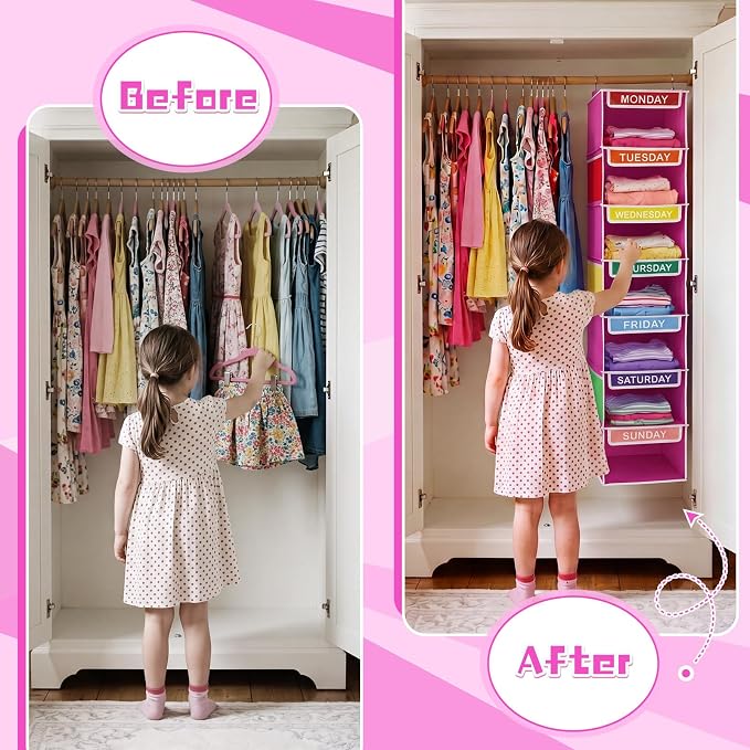 2 Pcs 7 Shelf Weekly Clothes Organizer for Kids Hanging Closet Organizer 11. 8 x 11. 8 x 50 Inch Daily Activity Kids Clothes Storage Drawers Cube Drawers Closet Hanging Shelves(Rose Pink) - Image 5