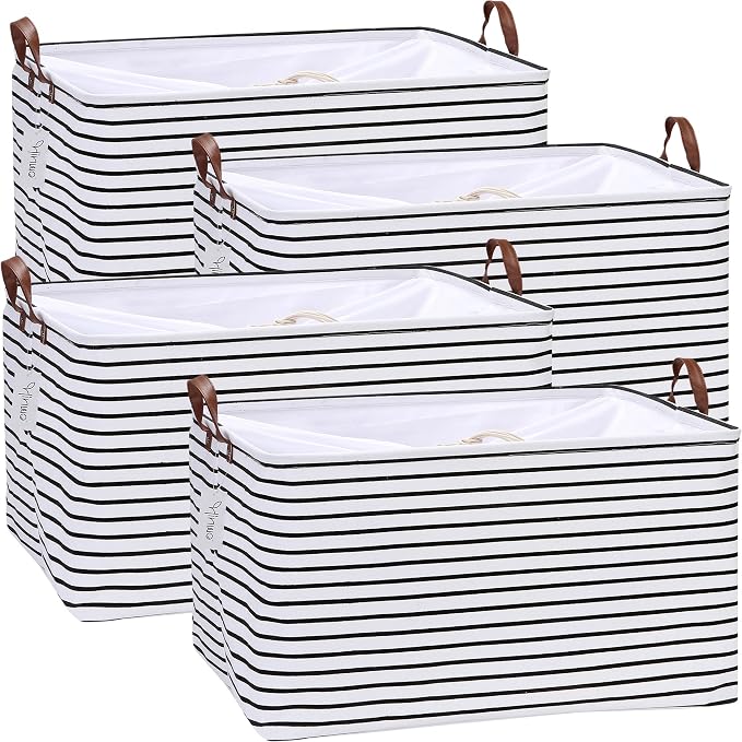 Hinwo 4-Pack Extra Large Canvas Fabric Storage Baskets with Handles, 70L Oversized Storage Bins, Collapsible Storage Box, Clothes, Toys, Blankets Organizers, 22 x 15 x 13 inches, (Black Stripe) by Hinwo