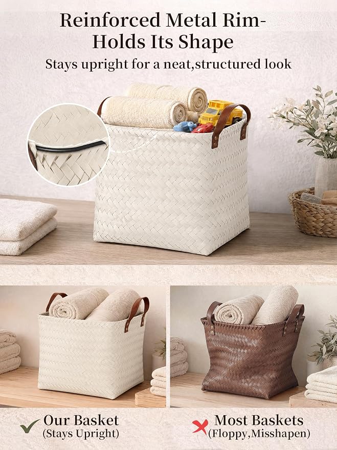 Wicker Storage Baskets, 4 Pack Woven Baskets for Shelves, White | PP Rattan, Water-resistant Wicker Basket, Large Baskets with Faux Leather Handles for Blanket, Laundry Organizer, Room Decor - Image 5