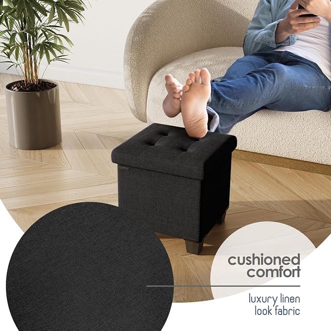 Storage Ottoman Cube with Small Bin, 15-in Square Ottoman with Storage for Living Room and Bedroom, Small Ottomans Foot Rest, Fabric Foot Stools Ottomans Max 330lbs, Black - Image 7