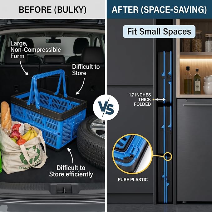 3 Packs 20L Collapsible Plastic Shopping Basket with Handles - Plastic Foldable Storage Crates - Ultra Flat 1.7" Folding Grocery Baskets for Car Trunk, RV & Home Organization (Lightweight Design) - Image 2