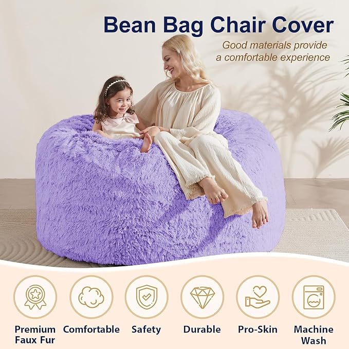 Bean Bag Cover (No Filler) - Faux Fur Beanbag Chairs Covers Only, Stuffed Animal Storage Bean Bag for Adults, Large Washable Beanbag Cover Without Filling, 5FT, Purple - Image 4