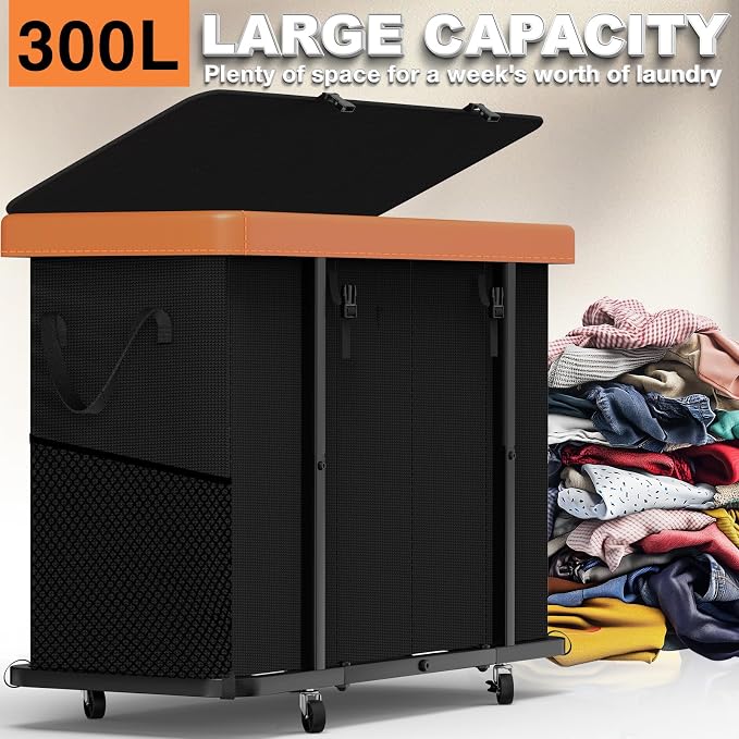 Laundry Basket with Wheels, 300L Leather Patchwork Laundry Sorter 4 Section | Sturdy Metal Frame, Removable Washable Bag, Tall Clothes Sorter for Bedroom - Black - Image 3