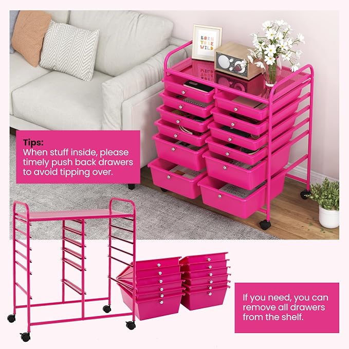 Giantex 12 Drawer Rolling Storage Cart Tools Scrapbook Paper Office School Organizer (Hot Pink) - Image 5