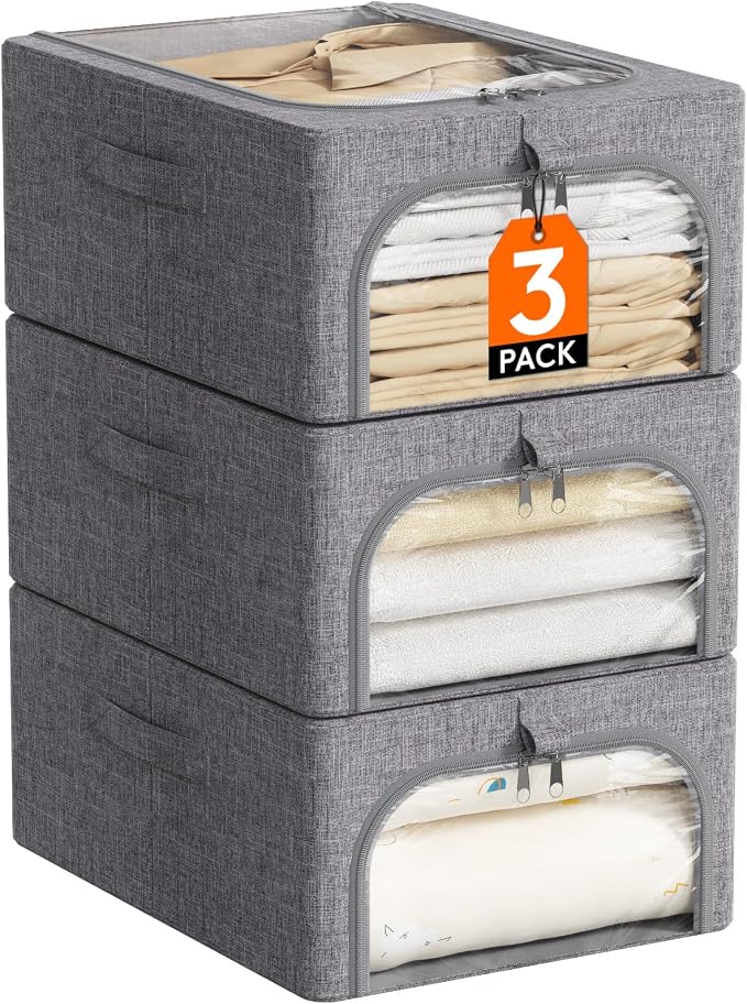 Lifewit Clothes Storage Bins with Metal Frame 3 Pack, Fabric Stackable Storage Bags with Lids, Zipper, Foldable Clost Organizers Containers for Clothing, Blanket, Winter Cloth, 25L by Lifewit