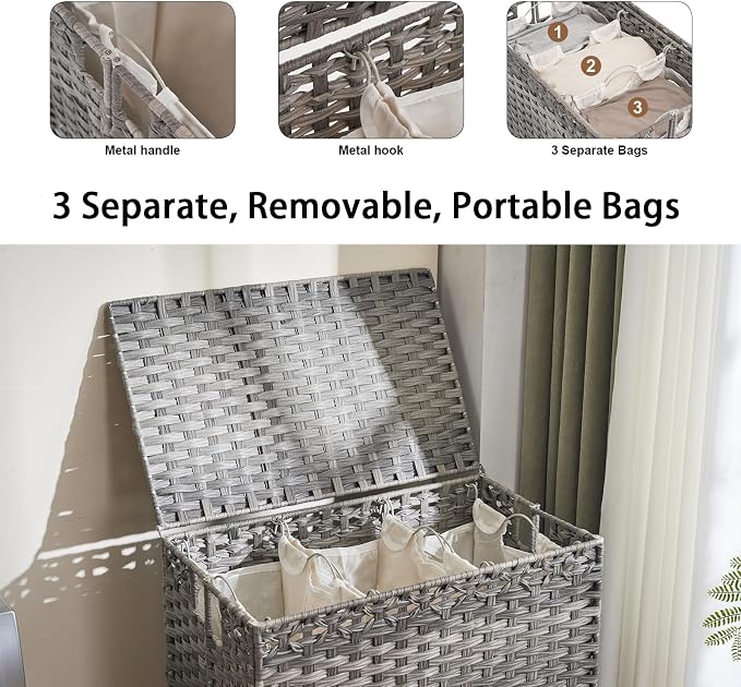 Laundry Hamper with Wheels&Lid, 50.2 Gallons(190L) Rolling Laundry Basket with Wheels, 3-Section Laundry Hamper, Handwoven Rattan Clothes Hamper with 6 Removable Liner& 3 Mesh Laundry Bags, Grey - Image 5