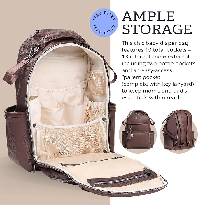 Itzy Ritzy Boss Plus Large Diaper Bag Backpack with 19 Pockets (Espresso) | Includes 2 Insulated Bottle Pockets, Changing Pad, Stroller Clips, Comfortable Padded Straps, Easy-to Clean, Travel-Ready - Image 6