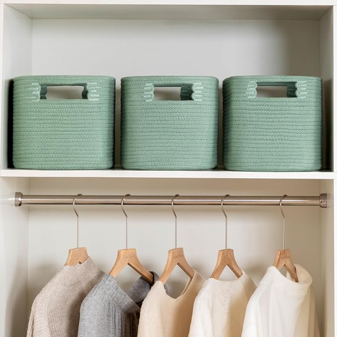 4 Pack Storage Baskets for Organizing, Shelf Baskets with Handles, Green | 14.5"Lx9.8"Wx9"H, Woven Basket, Cotton Rope Basket, Toy Storage, Cube Shelf, Gift Baskets Empty, Home Decor - Image 4