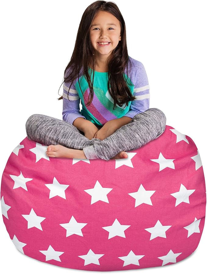 Posh Creations Kids Stuffed Animal Storage Bean Bag Chair Cover - Childrens Toy Organizer, Large-38in, Canvas White Stars on Pink by PoshCreations