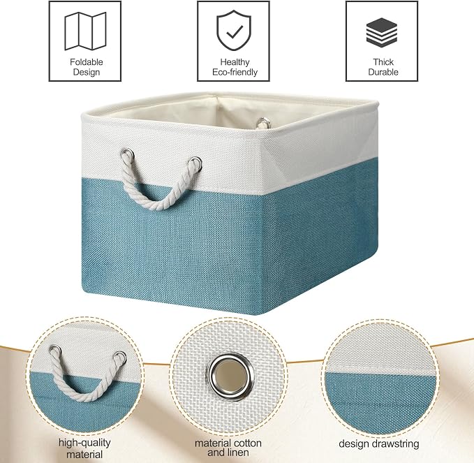FoldTier 10 Pack Large Collapsible Fabric Storage Baskets with Handles Decorative Storage Bins for Organizing Shelves Toys Clothes(White & Blue,16 x 12 x 10 Inches) - Image 3