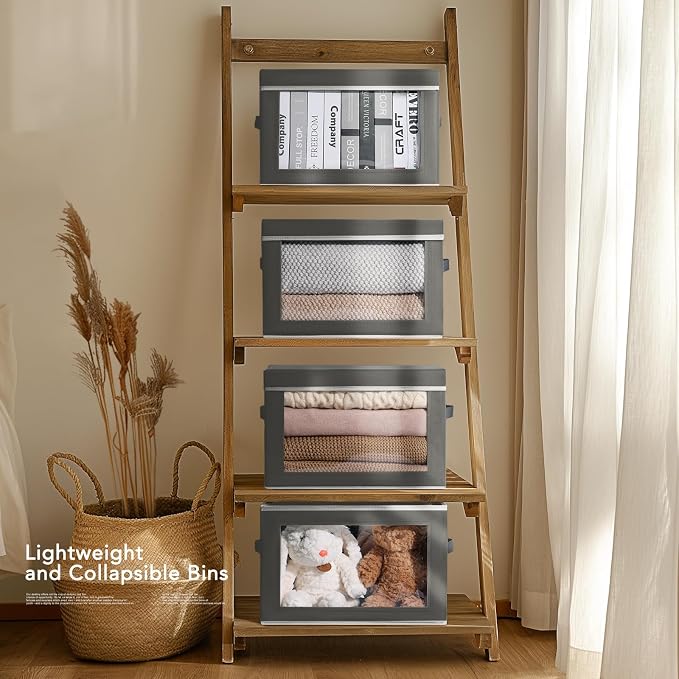 Storage Boxes with Lids - 3 Pack Fabric Clear Window Storage Bins, Collapsible Storage Bins with Lids, Linen Closet Organizer for Clothes, Towel, Blanket, Dark Grey - Image 5