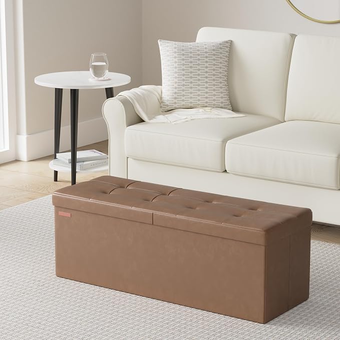 SONGMICS MAZIE Collection - 43 Inches Storage Ottoman Bench with Flipping Lid, Storage Chest with Iron Frame Support, Load 660 lb, for Living Room, Bedroom, Synthetic Leather, Coffee Brown ULSF075K01 - Image 2