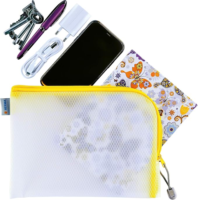Herma 20011 Zip Toiletry Bag A5, Transparent (26 x 20 cm) Small Zippered Travel Pouch for Cosmetics, Liquids, Make-up, Toothbrush, Clear Cosmetic Bag with Zipper in Yellow - Image 2