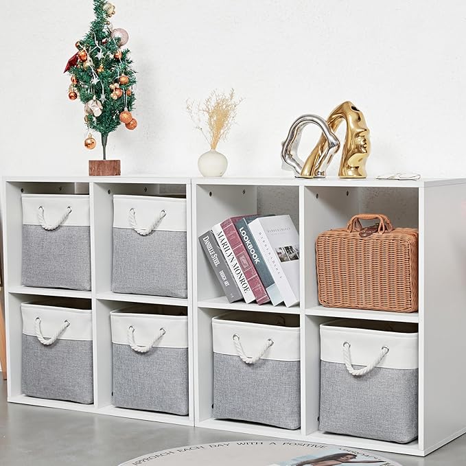 MidmmVick 12 x 12 Inch Cube Storage Bins, 6 Pack Large Collapsible Fabric Storage Bin with Ropes, Foldable Storage Cubes for Home, Office,Closet, Clothes, Toys Organizer (White & Grey) - Image 6