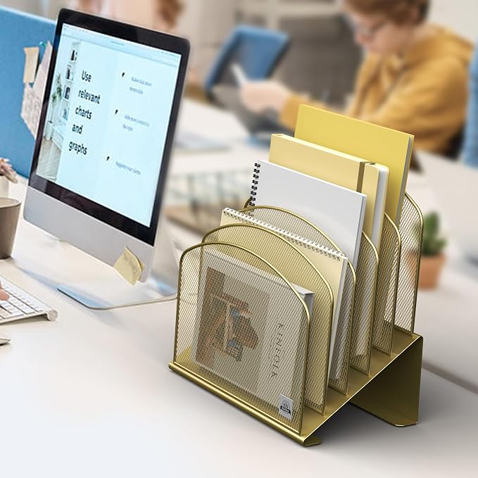 Delifox Inclined Desk File Organizer,Vertical File Folder Holder Stand Metal Rack File Sorter for Office Classroom Desktop Organization (1, Gold, 5) - Image 7