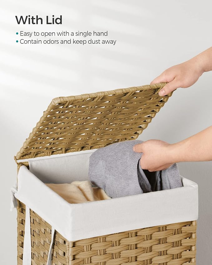 SONGMICS Laundry Hamper with Lid, 17.2 Gallon (65 L) Synthetic Rattan Clothes Laundry Basket with Lid and Handles, Foldable, Removable Liner, Goose Yellow ULCB165N01 - Image 3