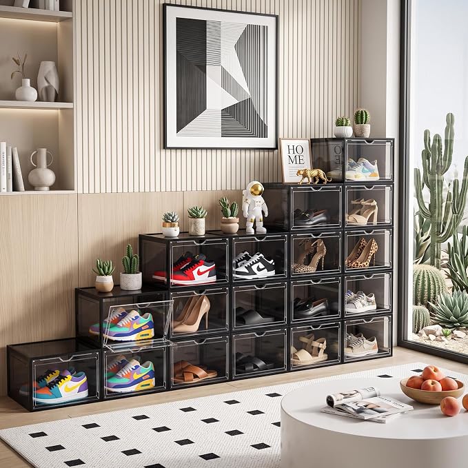 X-Large Clear Stackable Shoe Storage Box 8 Pack, Drop Side Shoe Organizers | Fits US Size 13 Sneakers Storage, Hard Plastic Shoe Containers with Magnetic Drop for Closet Storage and Sneaker Display - Image 7