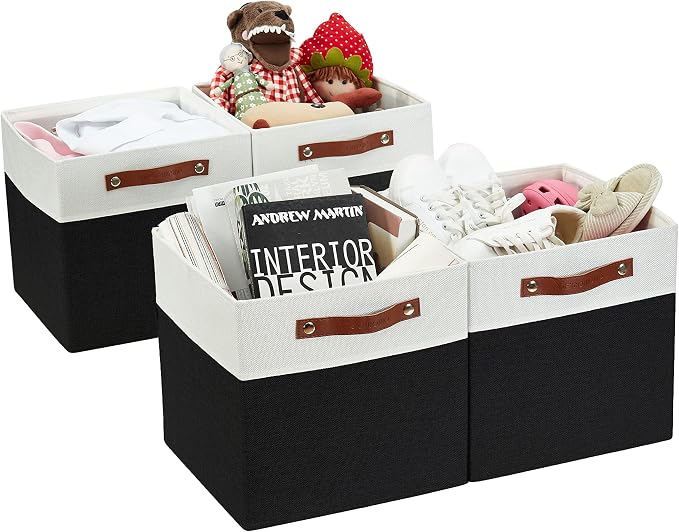 DECOMOMO Fabric Cube Storage Bins, Storage Baskets for Shelves 4 Pack | 13 inch Cube Storage Organizer for Kallax and Cubbies (Black & White) by DECOMOMO