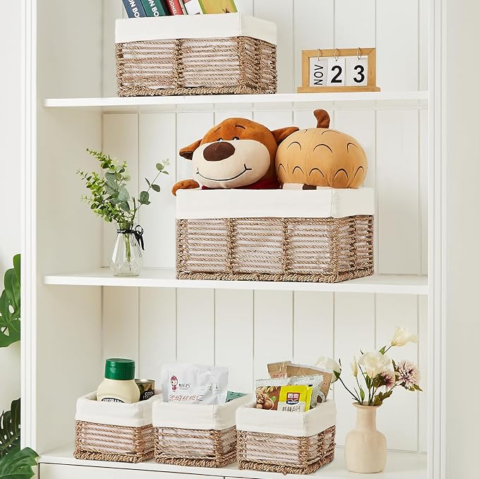 Wicker Storage Basket, 5 Pack Baskets for Organizing, Seagrass Storage Baskets, Rectangular Wicker Baskets for Storage Shelves, Cube Storage Bins For Closet/Clothes/Dresser - Image 4