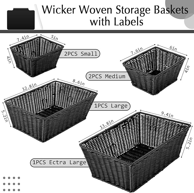 Marsui 6 Pcs Wicker Storage Baskets for Pantry Organization with Labels Handwoven Multi-size Black Wicker Storage Bins for Organizing Small Baskets Container for Shelves Closet Toilet - Image 2