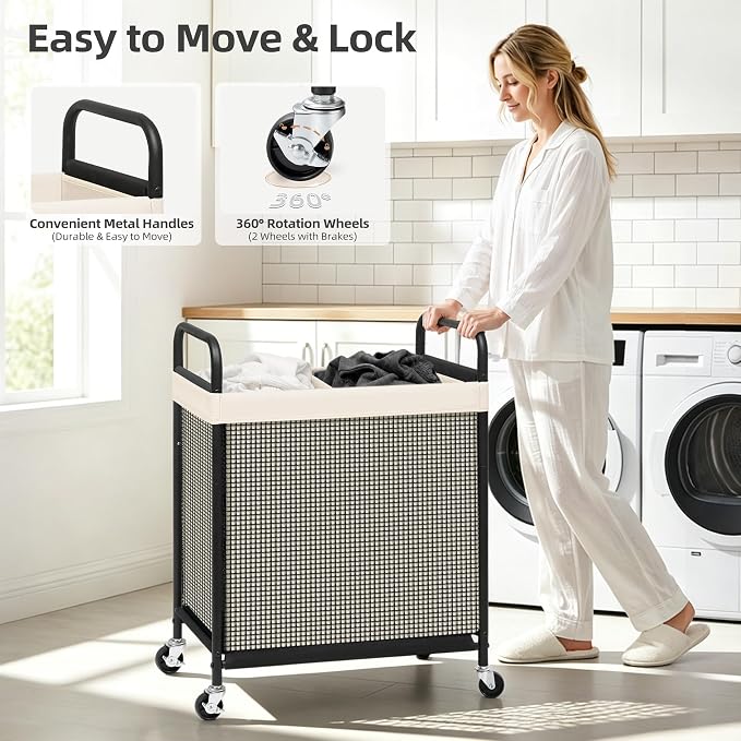 STORAGE MANIAC Rolling Laundry Hamper with Wheels 2-Section Laundry Sorter Rolling Laundrys Basket on Wheels with Removable Bag Clothes Hamper Laundrys Organizer Cart Bathroom Bedroom 100L Beige - Image 5