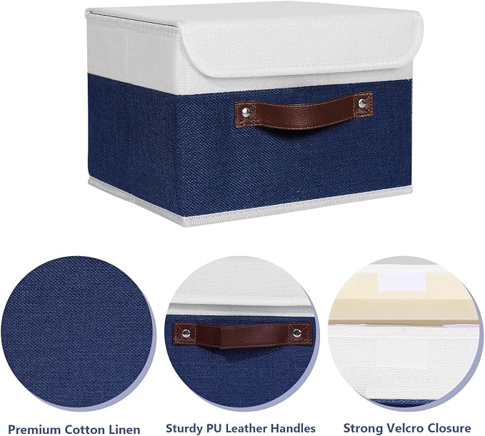 ANMINY Fabric Storage Box Bins with Lids, Blue White, 10"x8"x7" | Keepsake Memory Storage, Cotton Linen, PP Board Reinforced, Washable, PU Handles, Foldable & Stackable, Decorative, Small - Image 2