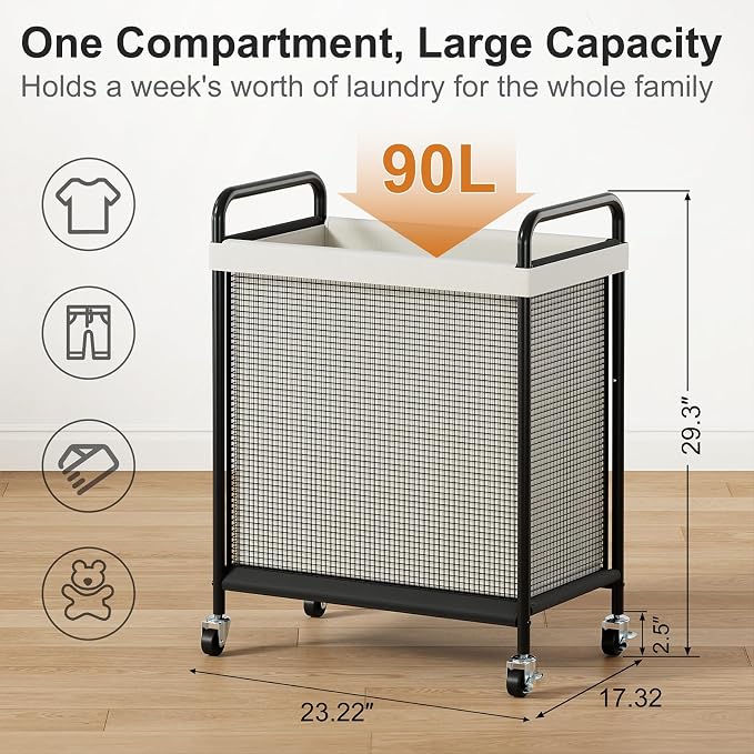 WOWLIVE Rolling Laundry Hamper with Wheels, 90L Laundry Basket | Laundry Sorter with Metal Handle and Removable Bag, Large Clothes Hamper for Laundry Room, Bathroom and Dorm, Beige - Image 2