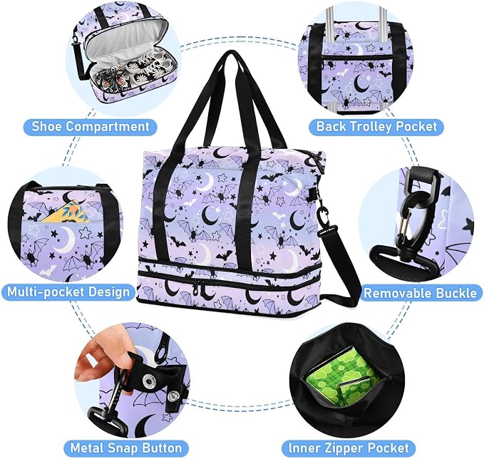 Travel Duffel Tote Bag Bat Starry Sky Sports Duffel Bag with Wet Pocket Weekender Overnight Bag for Women Men Gym Bag, Carry On Bag Hospital Bag for Labor and Delivery - Image 4