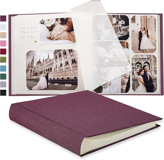 Pssoss Large Linen DIY Scrapbook Album with Writing Space100 Pages, Purple | Fits 3x5, 4x6, 5x7, 6x8, and 8x10 photos for baby, wedding, family, children, anniversary, and memory keeping. by Pssoss