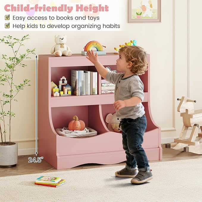 HONEY JOY Kids Toy Storage Organizer, 4-Cubby Wooden Bookcase Cabinet, 2-Tier Open Daycare Shelf for Preschool, Kids Display Bookshelf for Bedroom, Playroom, Classroom & Nursery (Pink) - Image 7