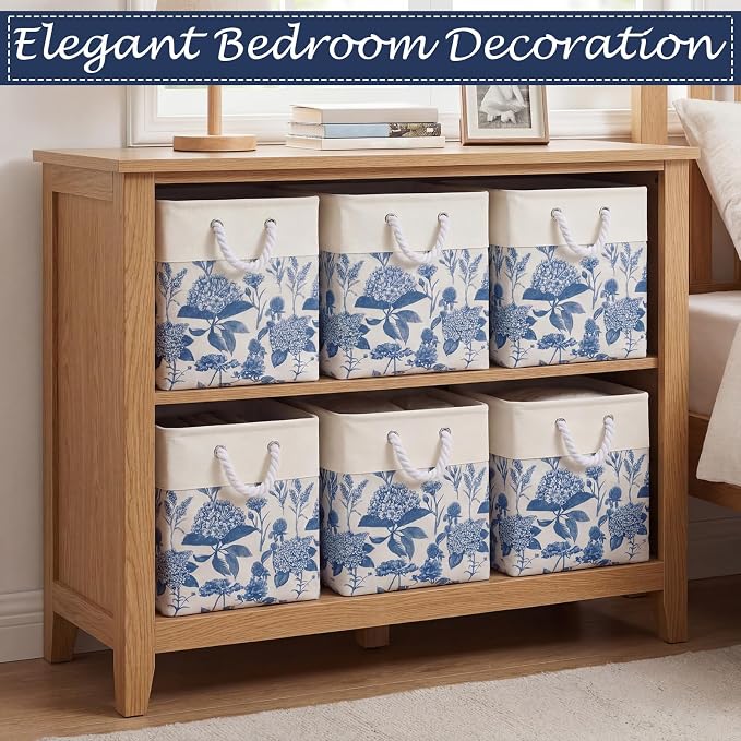 LemonRoad 6 Pcs Blue Hydrangea Cube Storage Bins 11.22 Inch Square Storage Basket with Handle, Preppy Girls Organizer Basket, Collapsible Fabric Box for Classroom Bedrooms Office Home Decoration Gift - Image 5