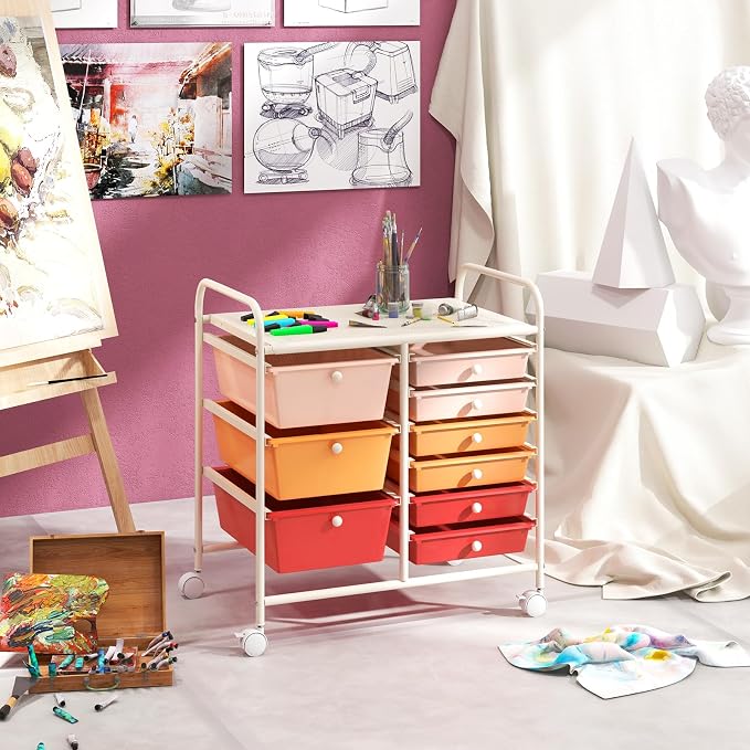 RELAX4LIFE 9 Drawer Rolling Storage Cart - Mobile Drawer Carts for Craft Art Supply Paper Salon, Utility Cart on Wheels for Classroom Teacher School Office, Rolling Cart with Drawers (Macaron) - Image 8