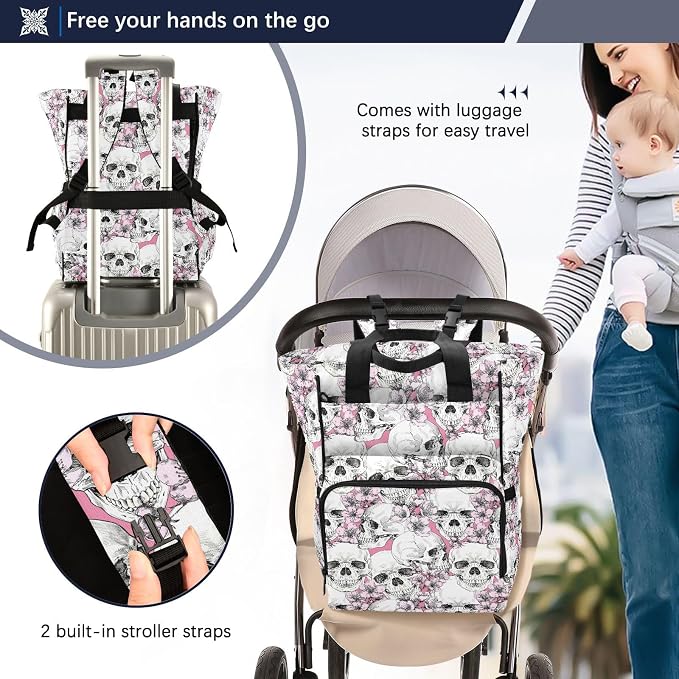 MNSRUU Diaper Bag Pink Floral Skull Diaper Bag Backpack Multifunction Travel Diaper Bag Tote Large Capacity Diaper Changing Backpacks for Moms Dads - Image 4