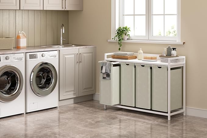 Herture Laundry Hampers with Shelf, Laundry Basket 4 Section, 4 x 15.87 Gal | Laundry Sorter with Pull-Out Removable Large 4 White Bags and Movable Wheels, Metal Frame, White PF07XLW - Image 2