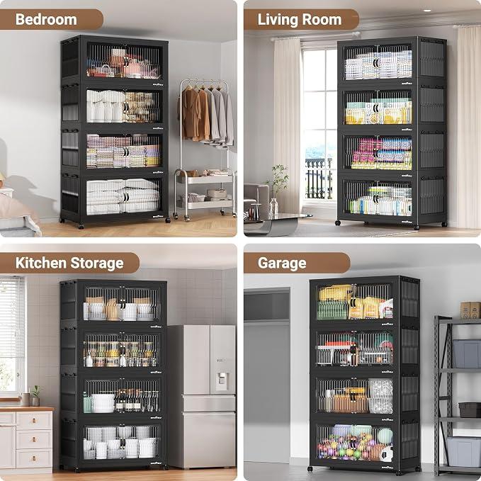 BROVIEW 600Qt Extra Large Stackable Storage Bins with Lids, Closet Organizer Collapsible Drawer Boxes with Wheels, Folding Plastic Cabinet Containers for Home Kitchen Room Organization, 3Pack Black - Image 6