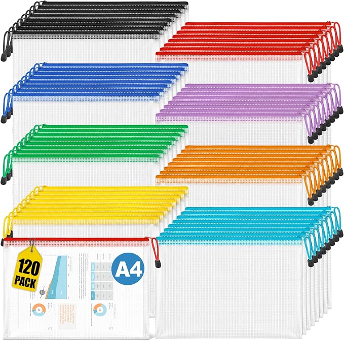 Jumlys 120 Pack Mesh Zipper Pouch Bags, A4 Mesh Bags, 8 Colors, Waterproof | Clear Storage Bags for Organizing, Ideal for Office & School Supplies, Toys, Puzzles and Board Games by WelcometoJumlys