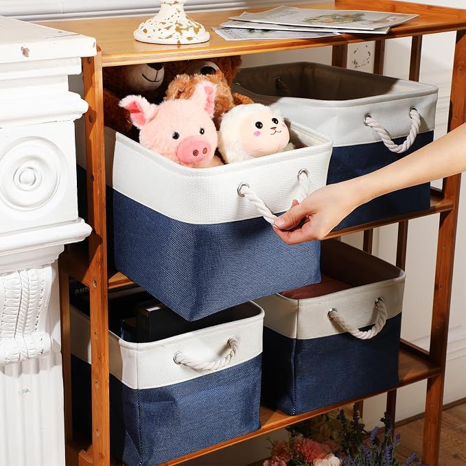 meekoo 8 Pack Collapsible Storage Bins Fabric Storage Bins Polyester Fabric Baskets with Handles Linen Closet Organizer for Shelf Home Closet Towels Toys(15 x 11 x 9.5 in,Blue White) - Image 2